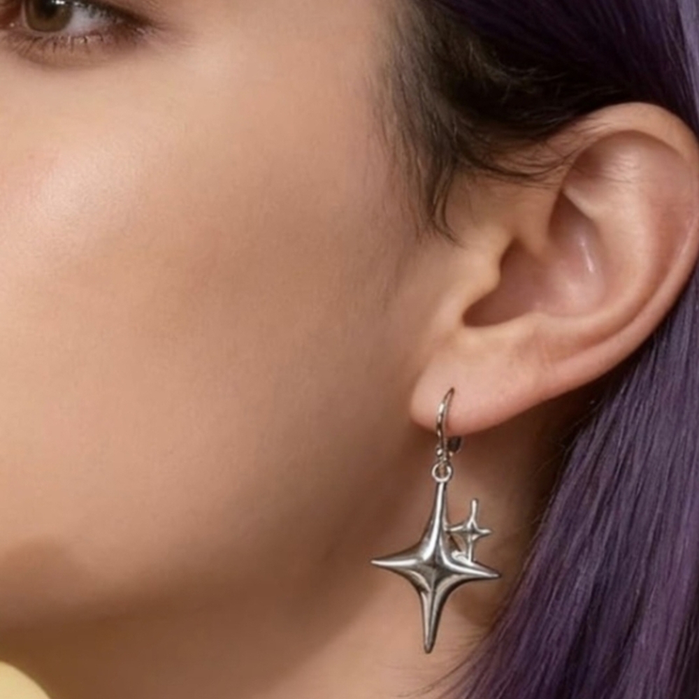NEW Dolls Kill Silver Metal Dainty Hoop Earrings w/ Sparkles - Picture 3 of 5